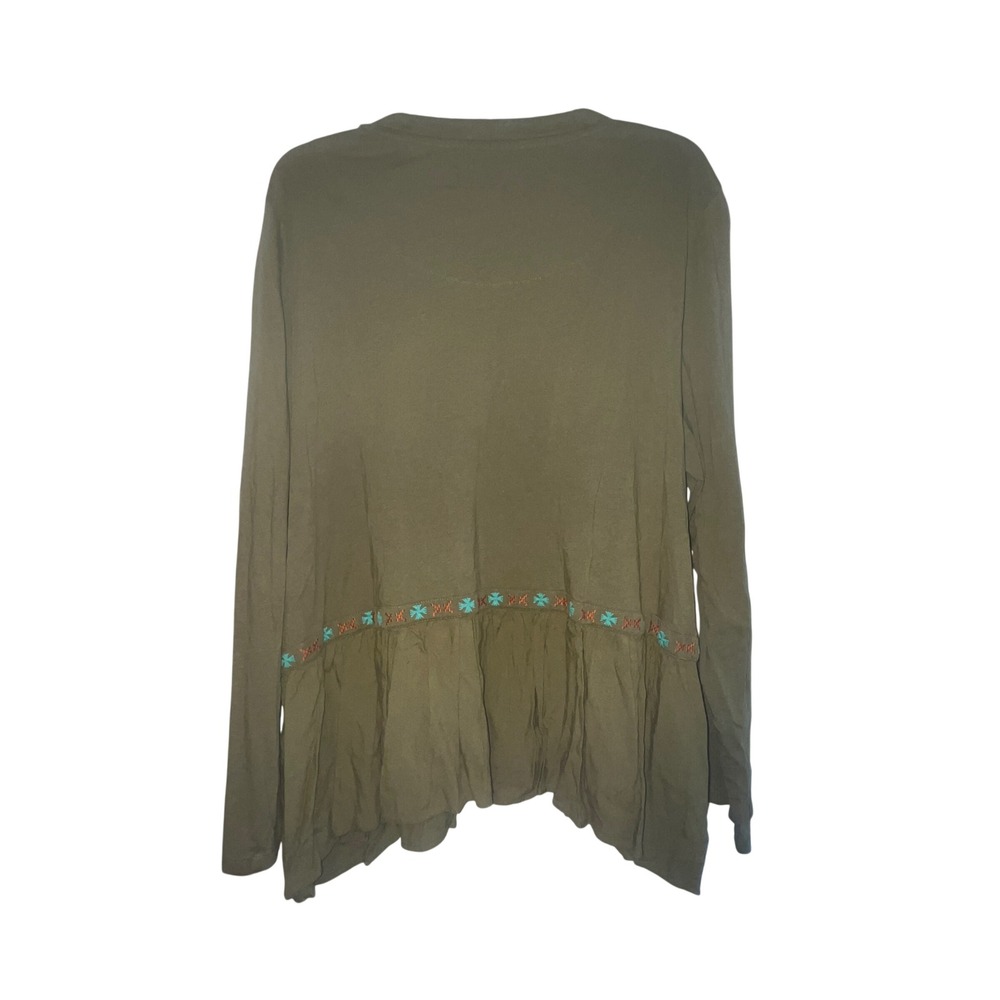 LOGO Womens XL Olive Green Embroidered Boho Peplum Tunic Top Long Sleeve - Picture 3 of 10